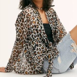 Free People Leopard Print Sheer Tie-Front Blouse – One Size